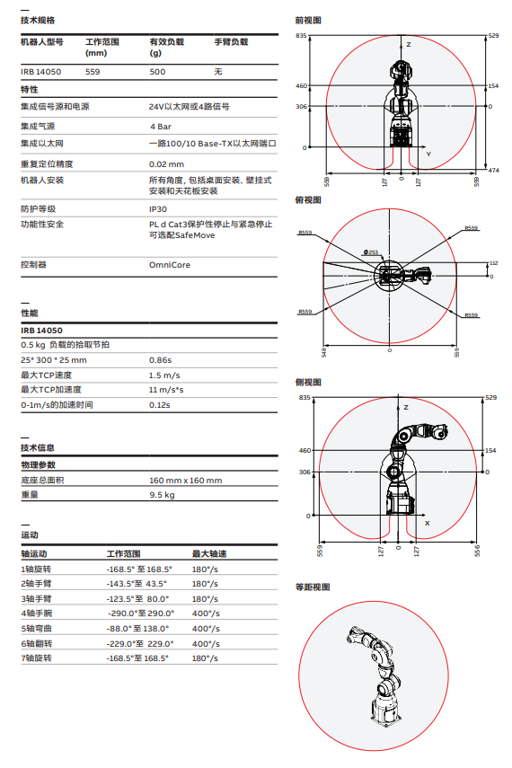 ABB协作机器人规格及动作范围